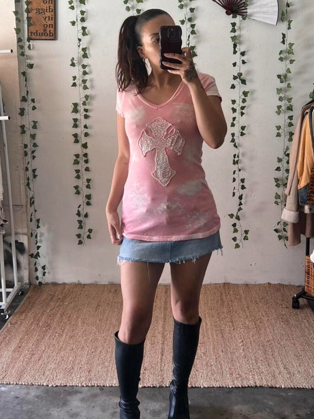 Pink Y2K Rhinestone Cross Acid Wash Tee S